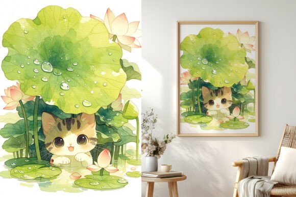 Kitten in a Lotus Pond Painting