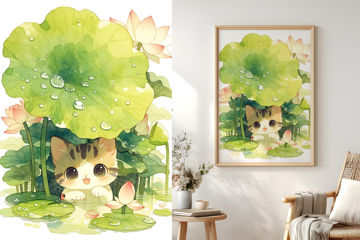 Kitten in a Lotus Pond Painting