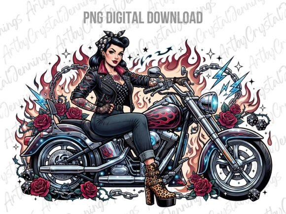 Pinup Biker Girl Motorcycle Flames PNG
