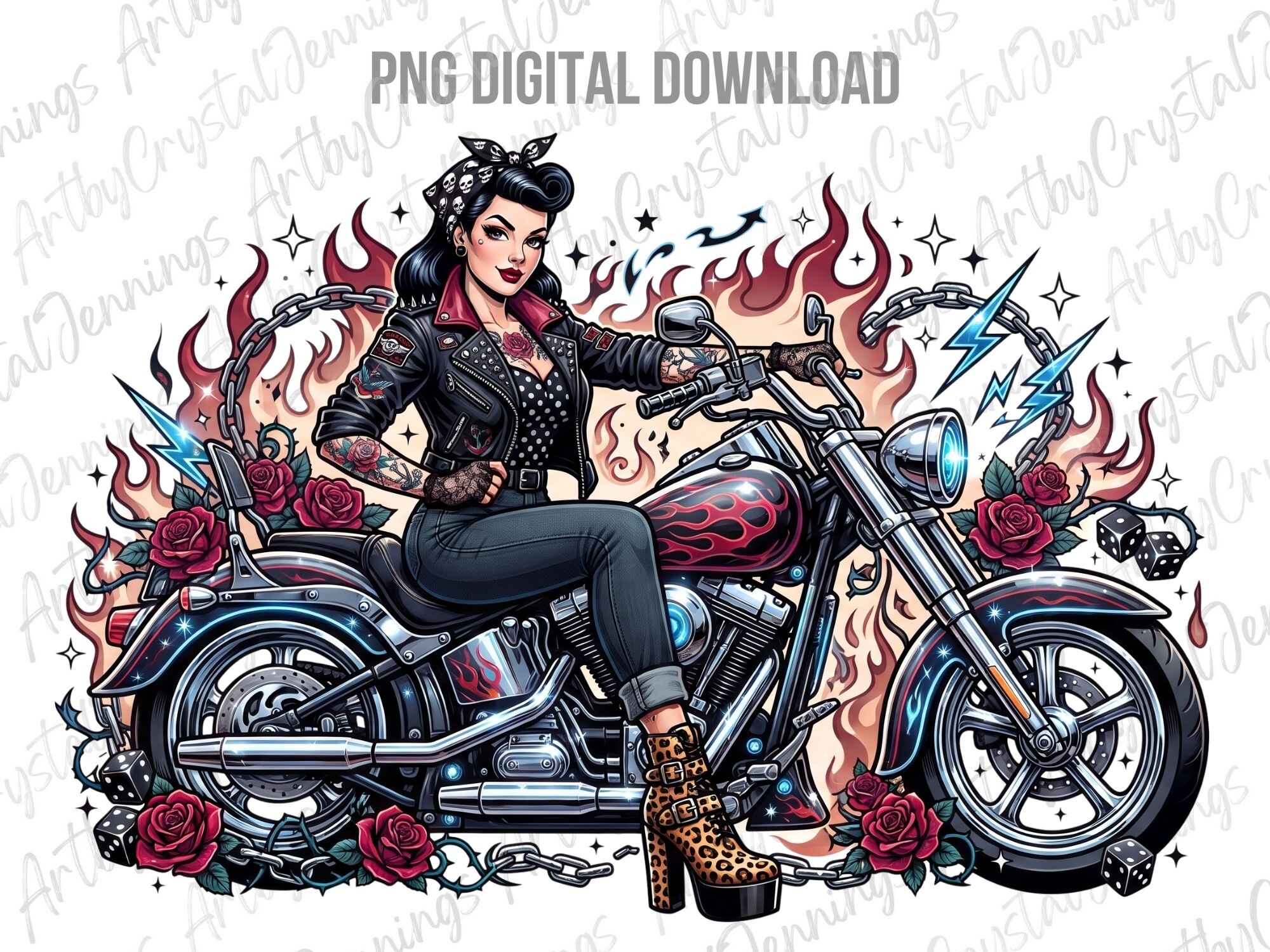 Pinup Biker Girl Motorcycle Flames PNG