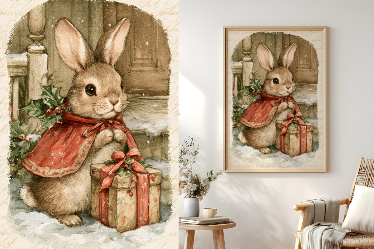 Rabbit with Gift, Cute Christmas Graphic