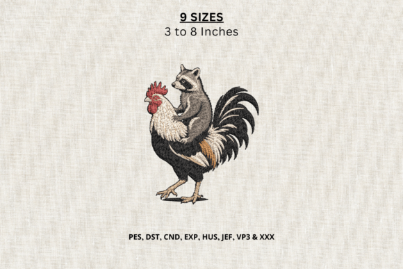 Raccoon Riding Rooster Machine Embroider