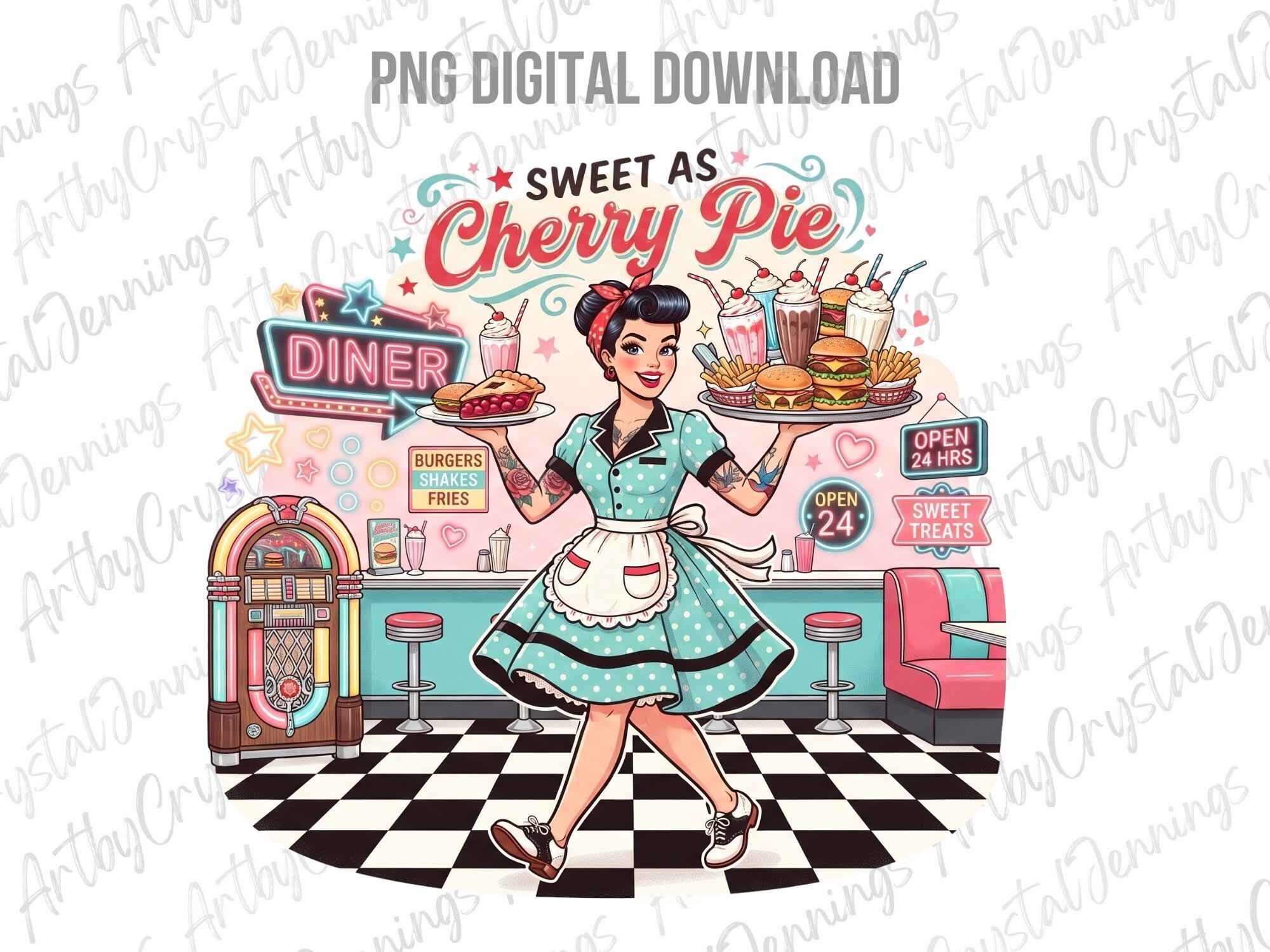 Retro Diner Waitress Cherry Pie PNG