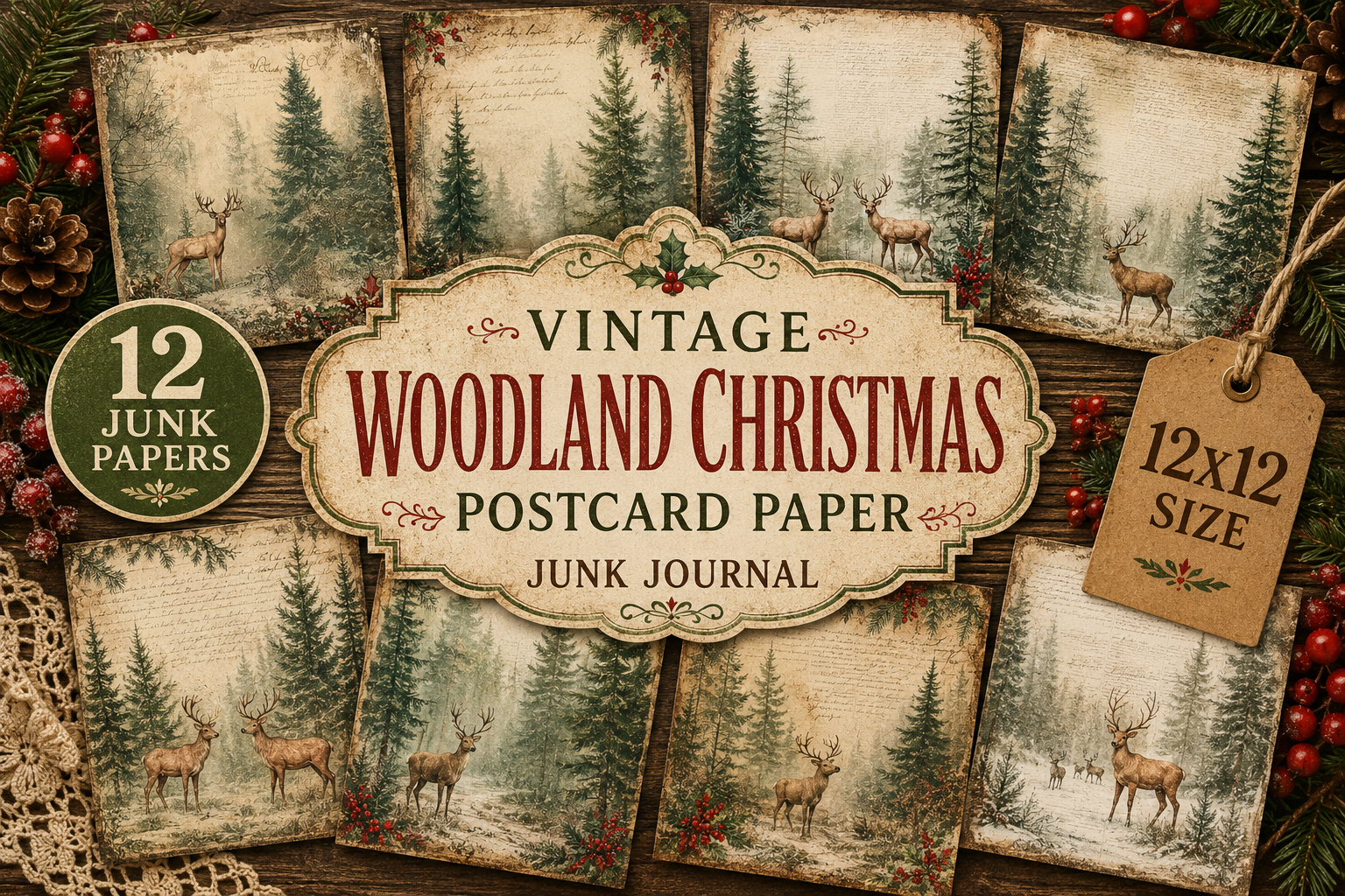 Vintage Woodland Christmas Postcard Pape