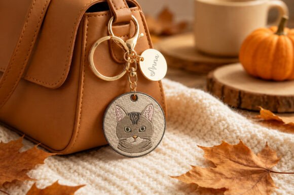 Brown Cat Keychain Embroidery