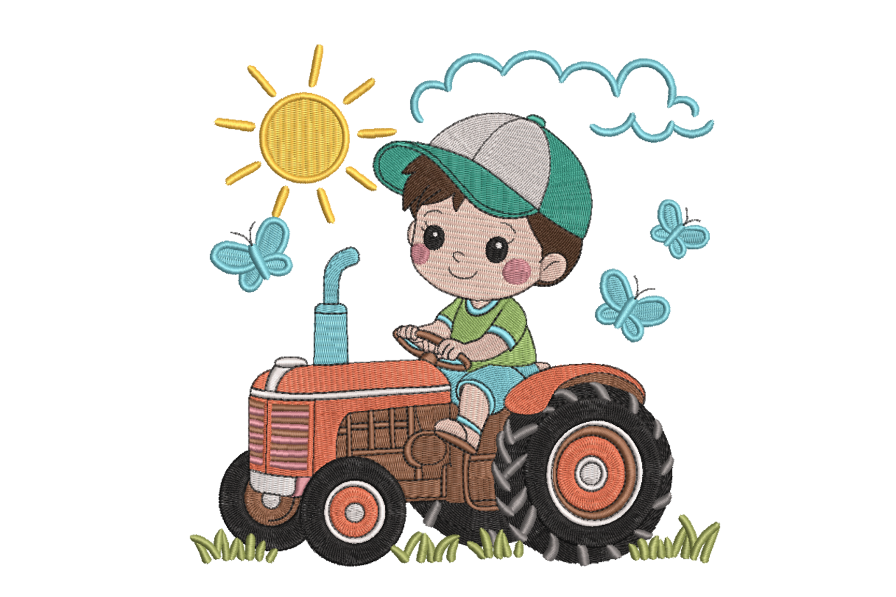 Cute Boy Driving Tractor Farm