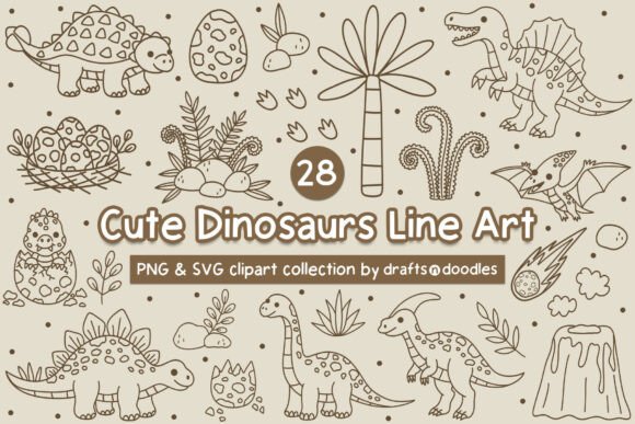 Cute Dinosaurs PNG and SVG Line Art Set