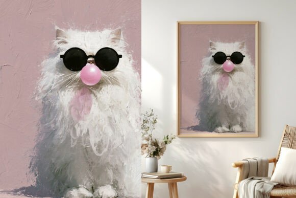 Fun White Cat with Bubblegum & Glasses