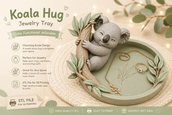 Koala Hug Jewelry Tray STL | 3D Printable Trinket Dish - Image 1
