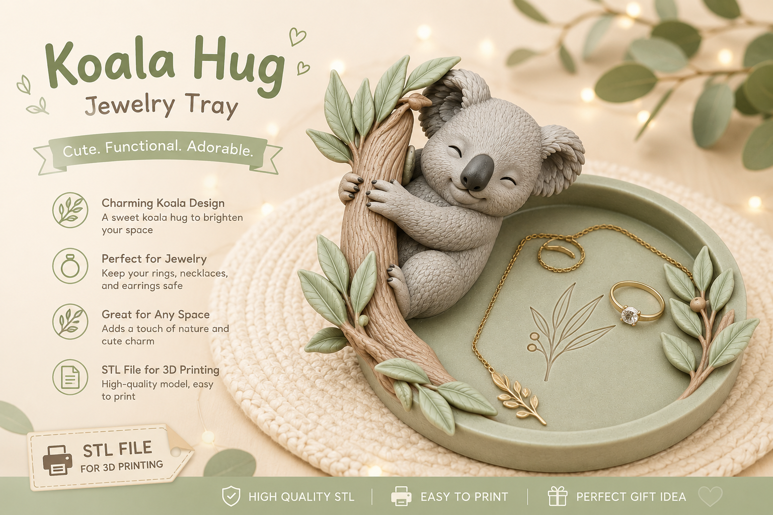 Koala Hug Jewelry Tray STL | 3D Printable Trinket Dish - Image 3