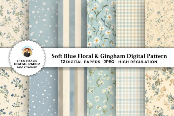 Soft Blue Floral & Gingham Digital Paper