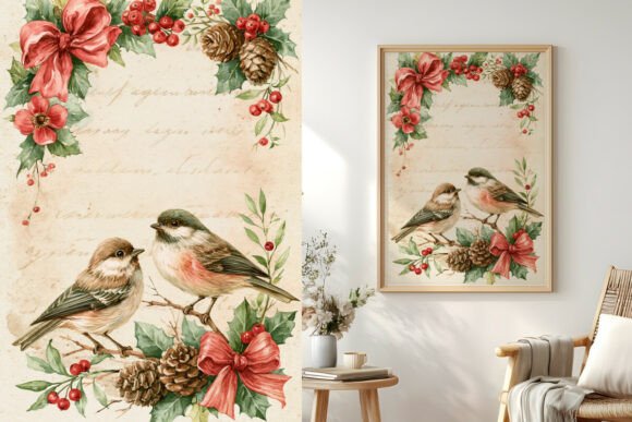 Vintage Digital Paper, Birds, Christmas
