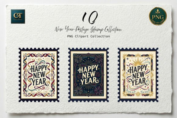 Vintage Happy New Year Stamp PNG Set