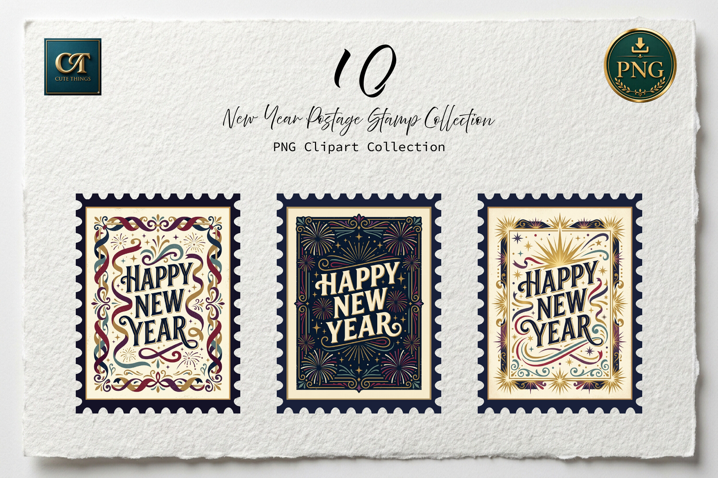 Vintage Happy New Year Stamp PNG Set