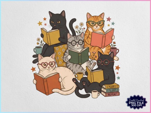 Vintage Retro Cats Books Lovers PNG
