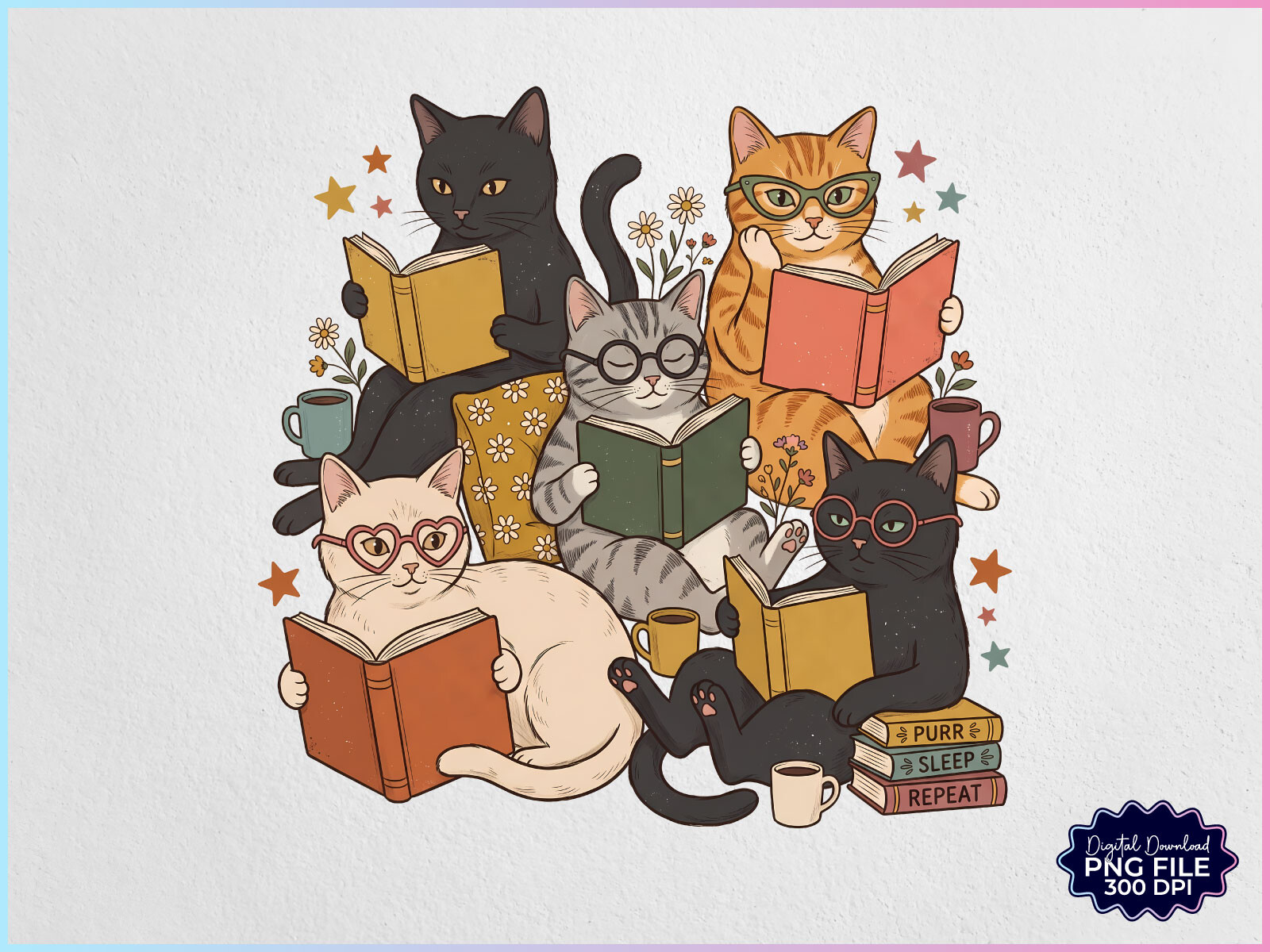Vintage Retro Cats Books Lovers PNG