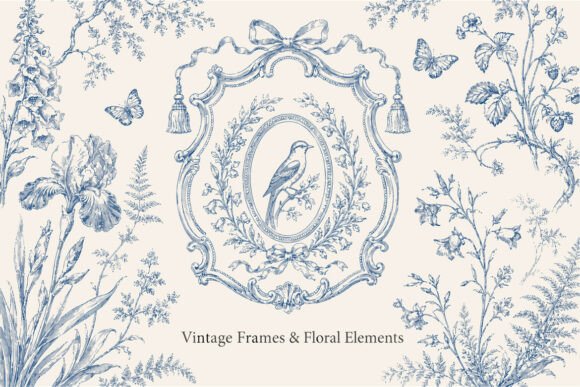 Vintage Toile De Jouy Ornate Frames