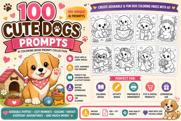 100 Cute Dogs AI Coloring Book Prompts