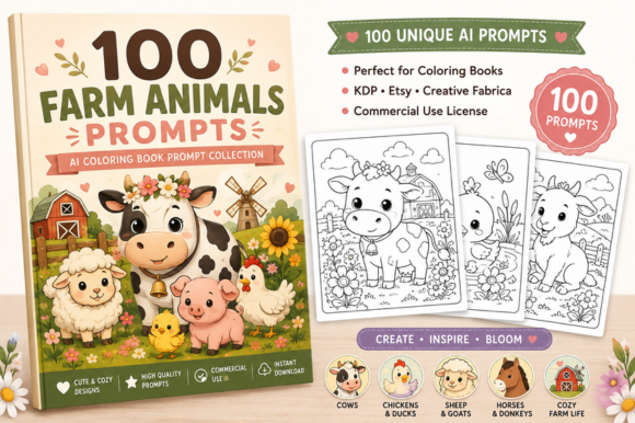 100 Farm Animals AI Coloring Book Prompt