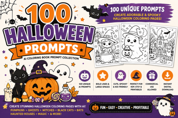 100 Halloween AI Coloring Book Prompts