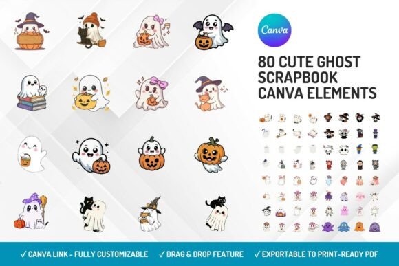 Cute ghost scrapbook Canva elements for Halloween projects