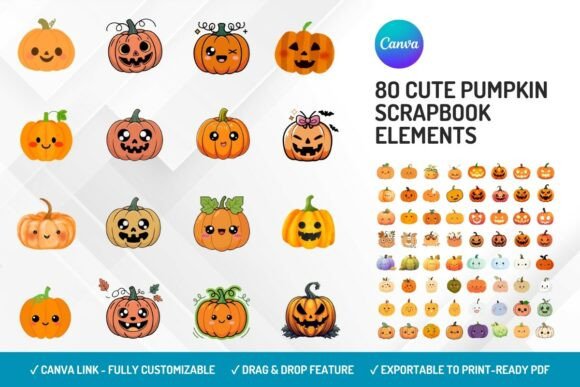 Cute pumpkin scrapbook elements for autumn Canva designs