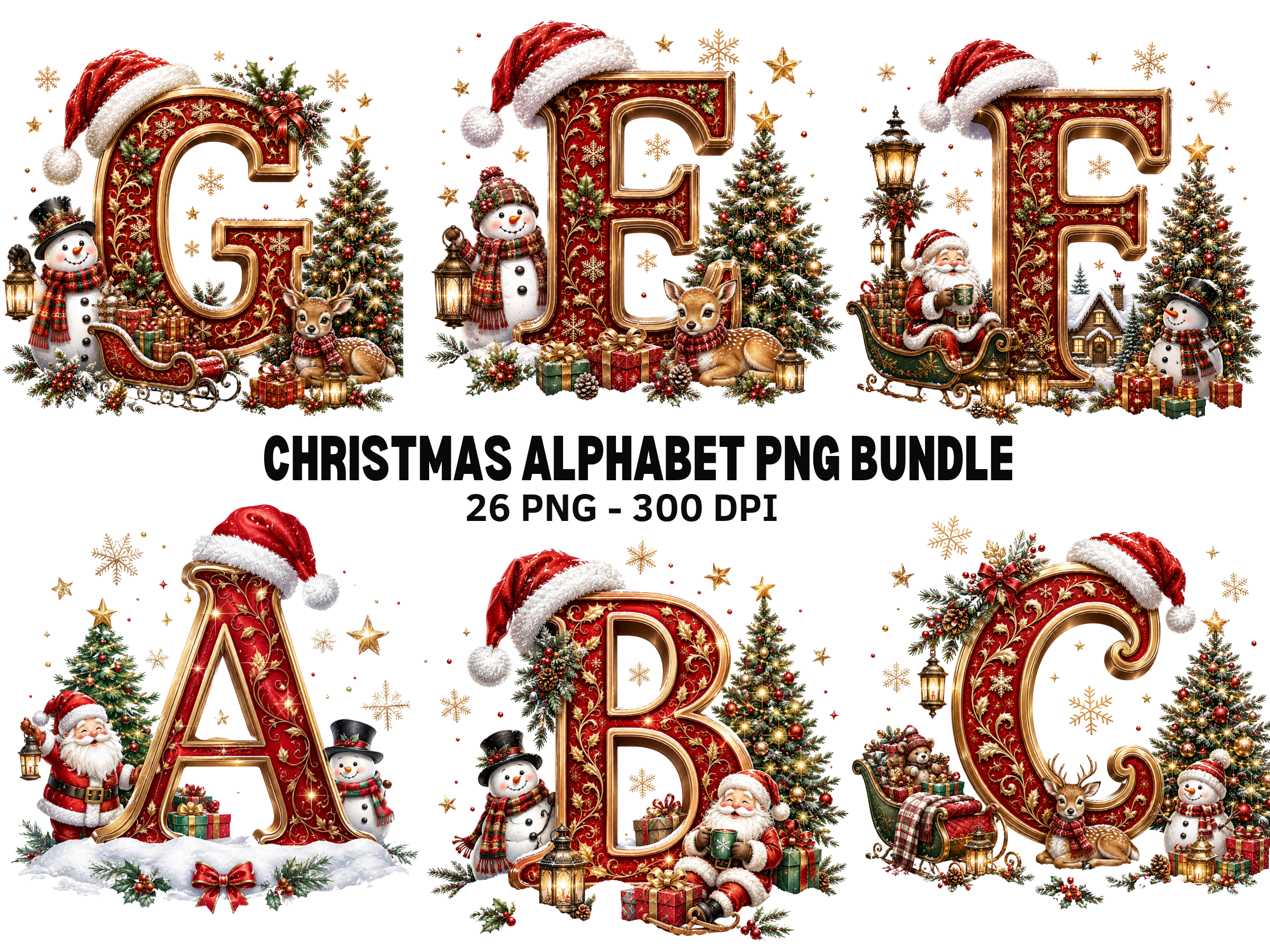 Christmas Alphabet PNG Bundle, Vintage H