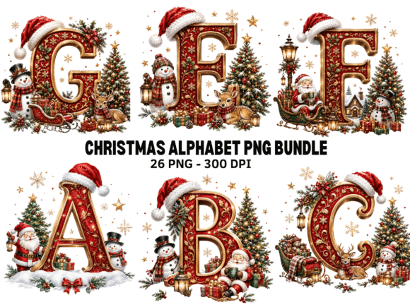 Christmas Alphabet PNG Bundle, Vintage H Graphic Illustrations By Camel Muse