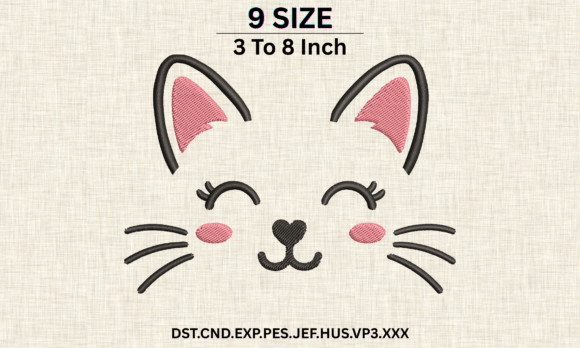 Cute Cat Face Winking Embroidery DST PES
