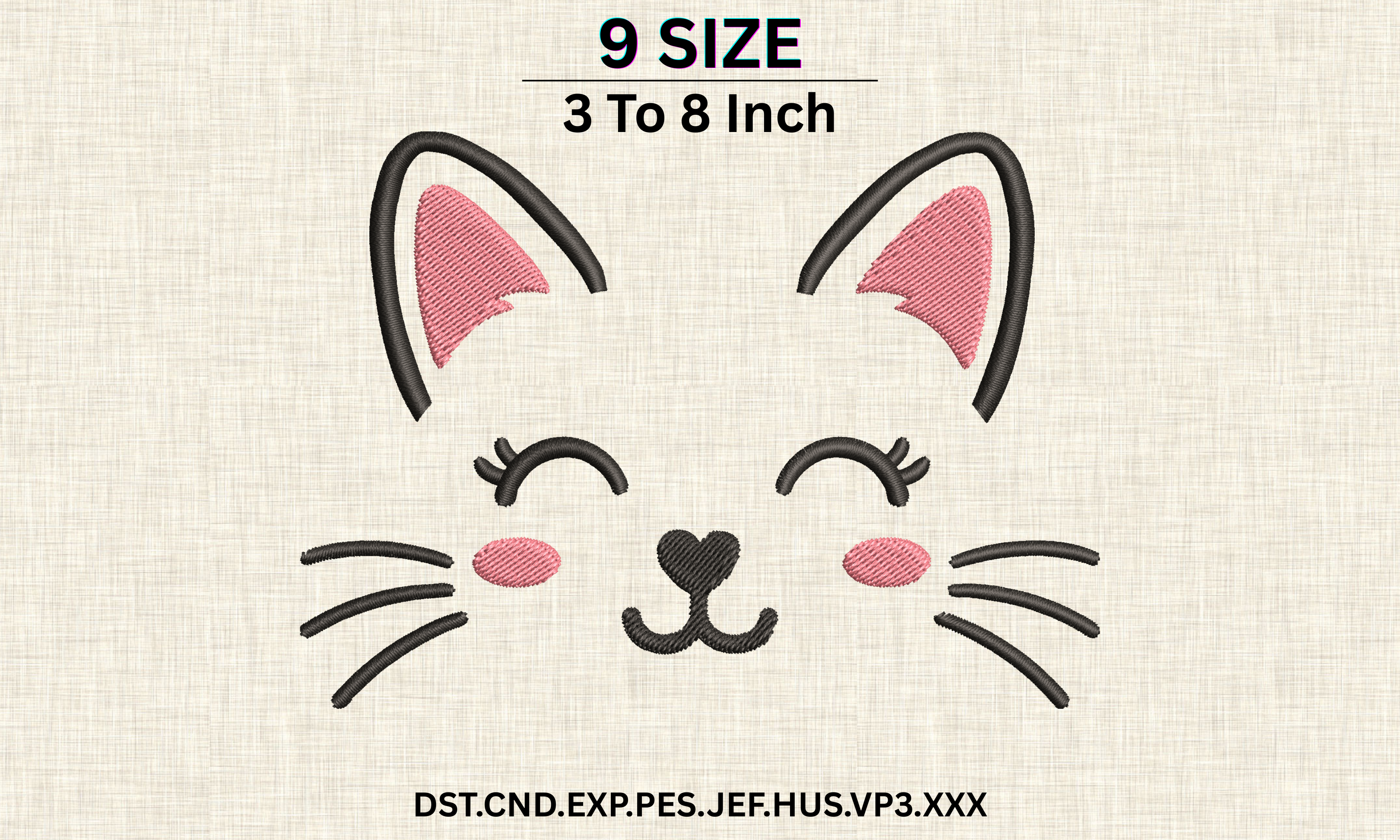 Cute Cat Face Winking Embroidery DST PES