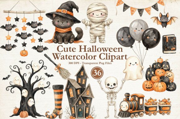 Cute Halloween watercolor clipart