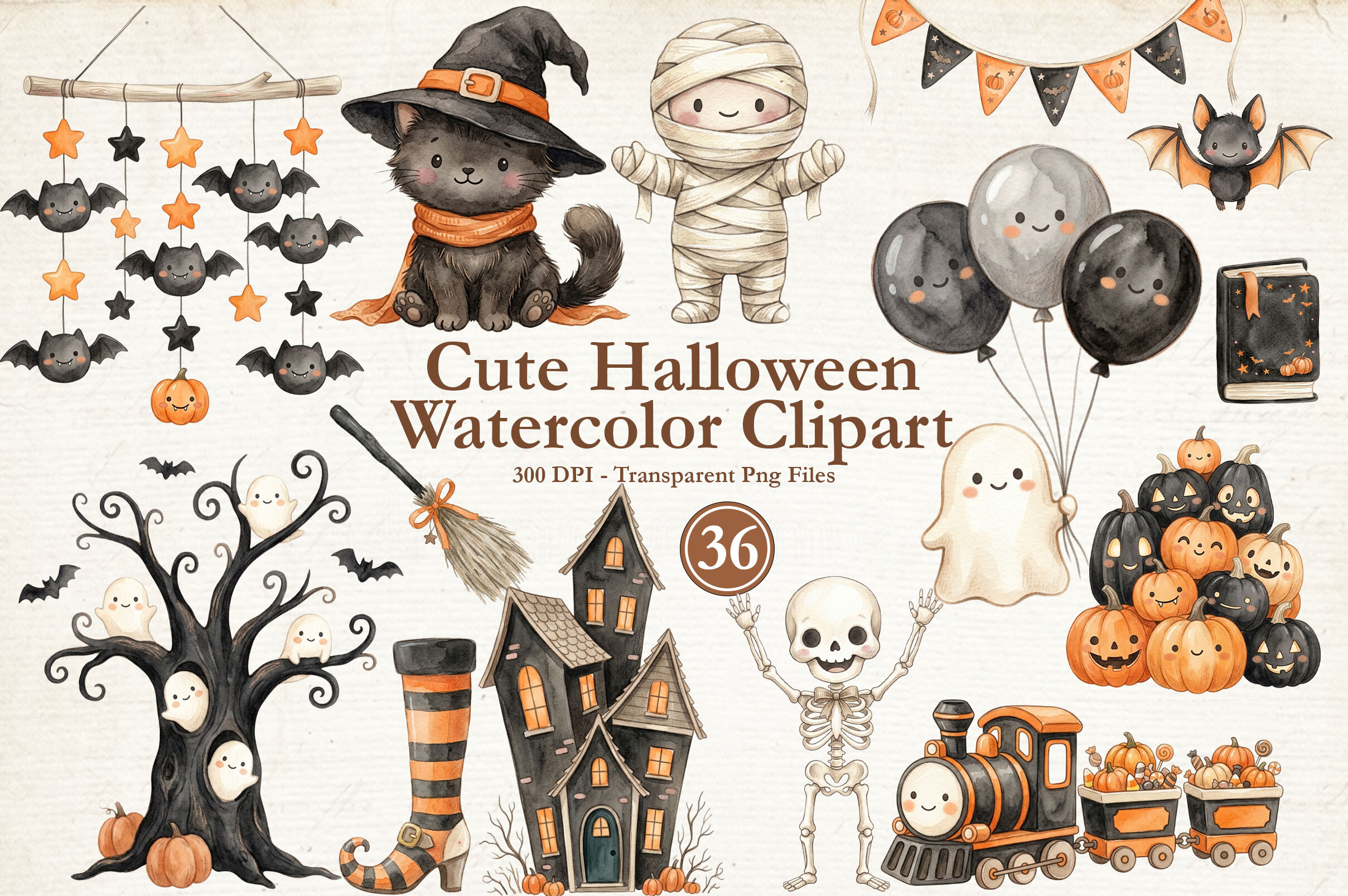 Cute Halloween Watercolor Clipart PNG