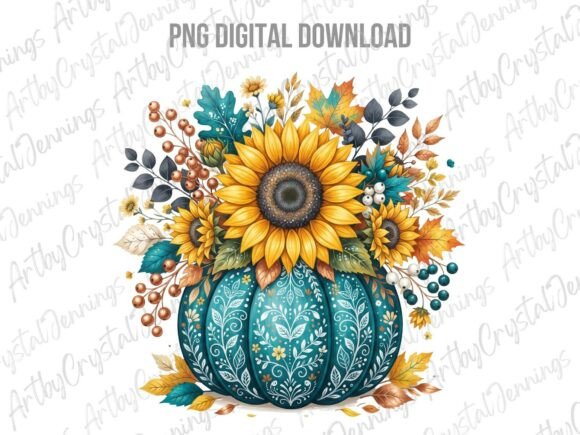 Fall Sunflower Pumpkin Watercolor PNG
