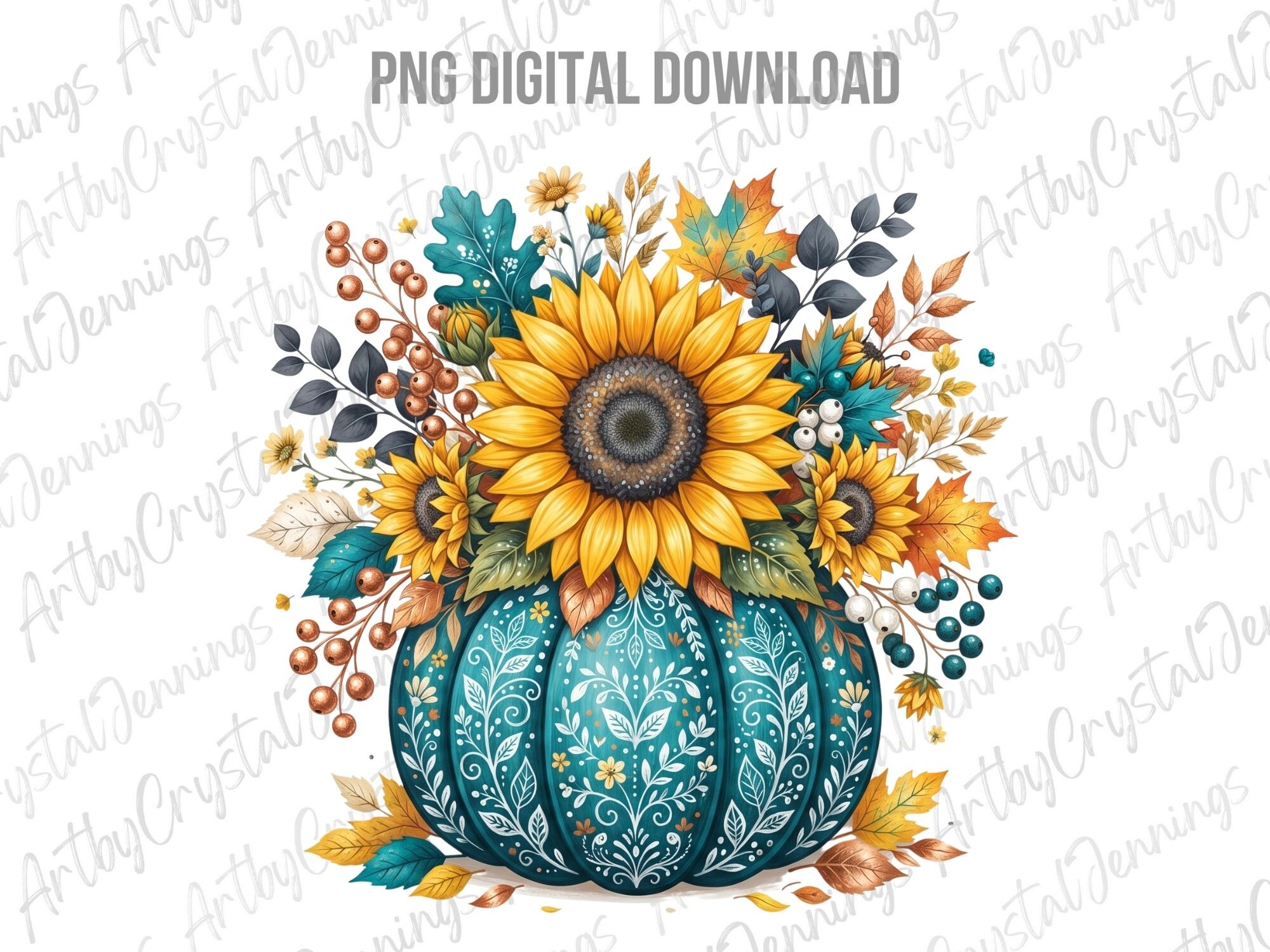 Fall Sunflower Pumpkin Watercolor PNG