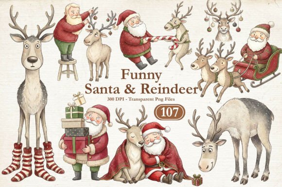 Quirky Santa and Reindeer Clipart PNG