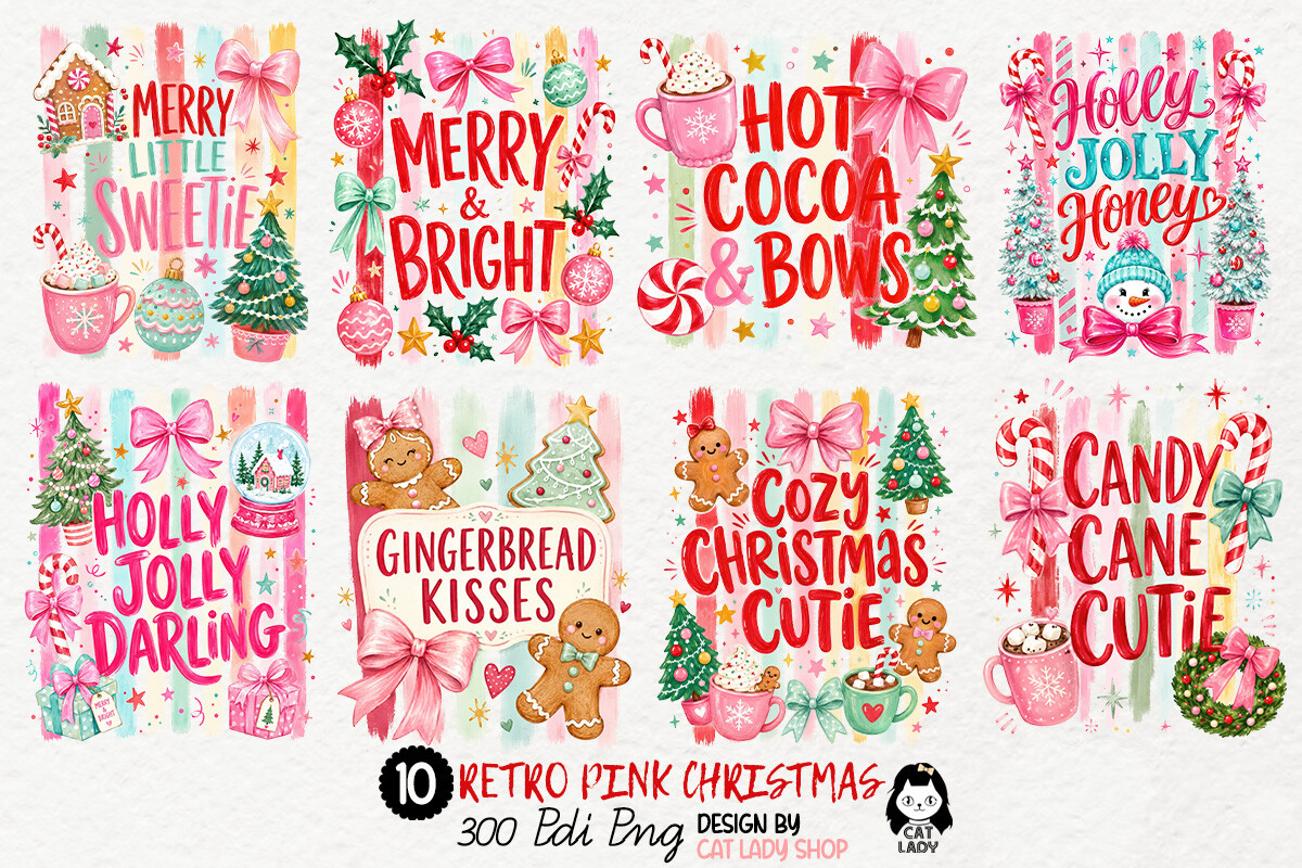 Retro Pink Christmas Clipart Bundle