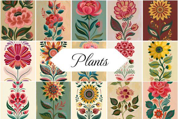 15 Folk Art Florals, Clip Art Bundle PNG