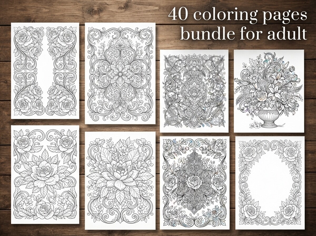40 Floral Coloring Pages Bundle