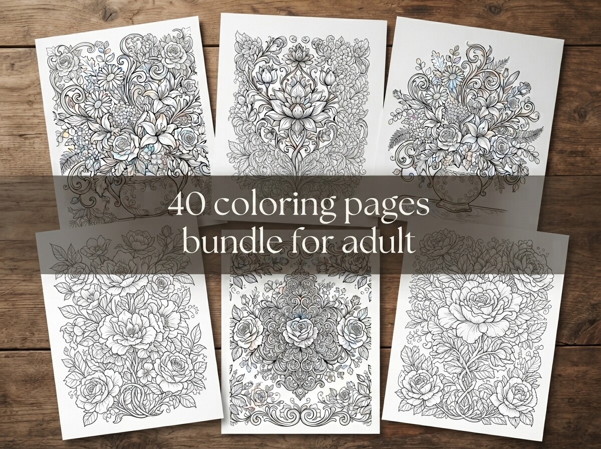 40 Floral Coloring Pages Bundle