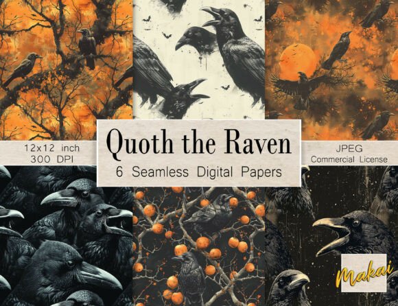 6 Seamless Halloween Poe Raven Patterns