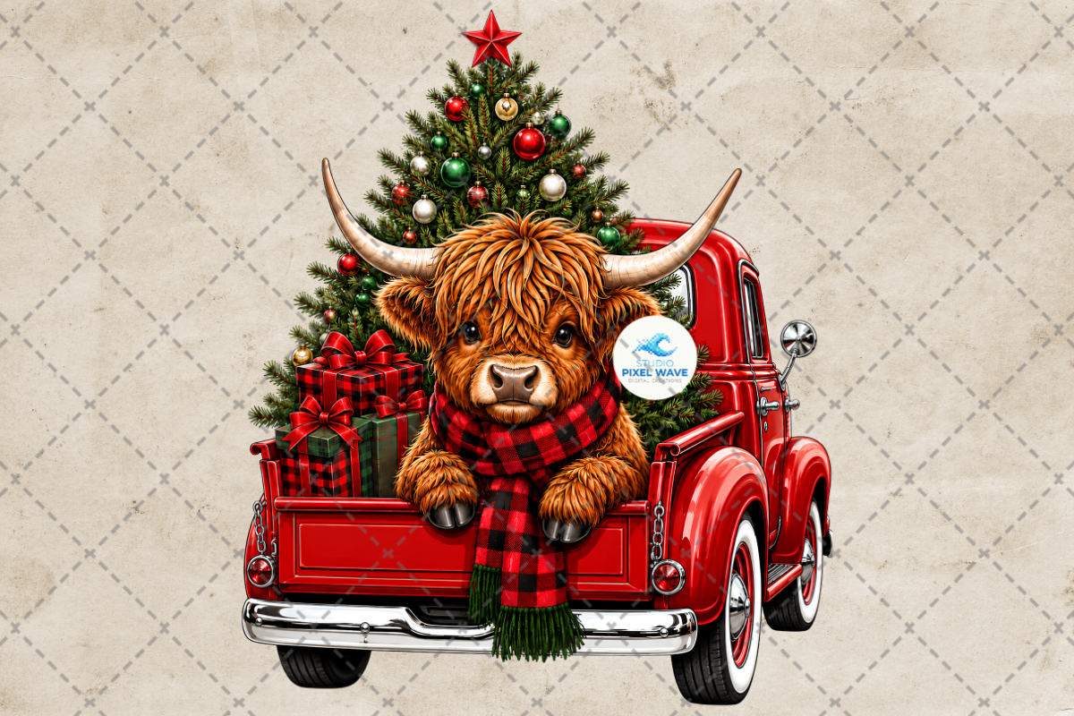 Highland Cow Christmas Truck Png