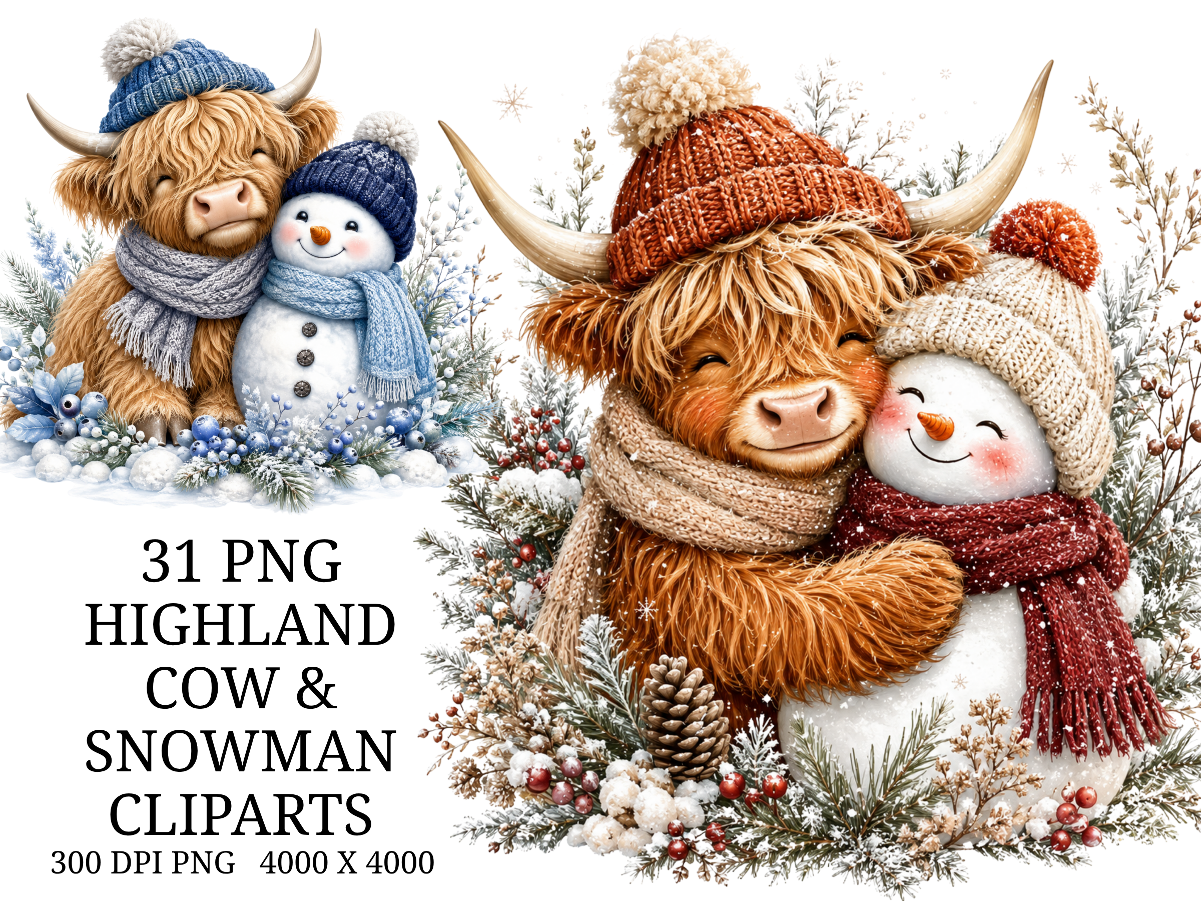 Highland Cow & Snowman Christmas PNG