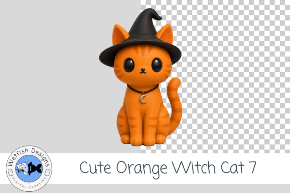 Orange Halloween Witch Kitty PNG 7