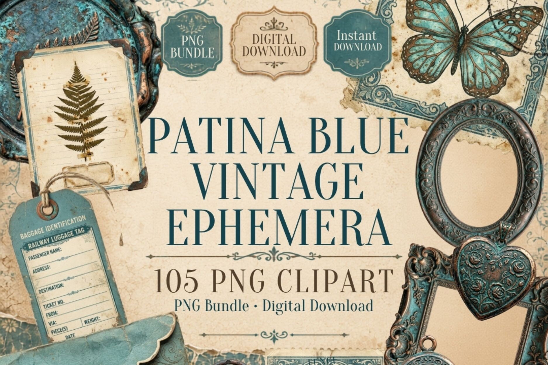 Patina Blue Vintage Ephemera PNG Bundle