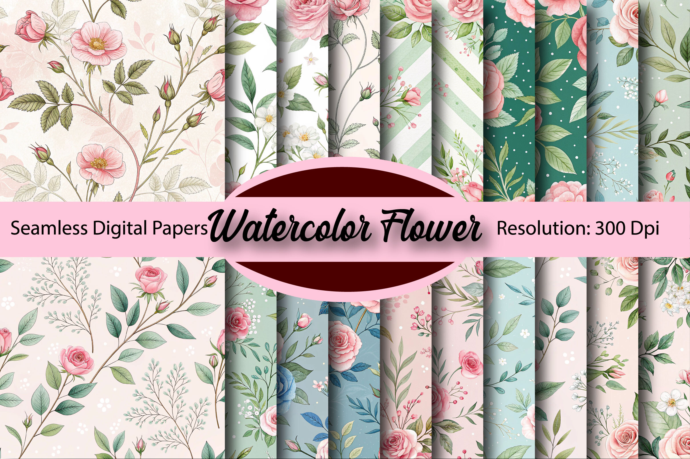 Roses Watercolor Flower Digital Paper