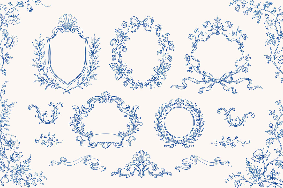 Vintage Toile De Jouy Frames, Crests,