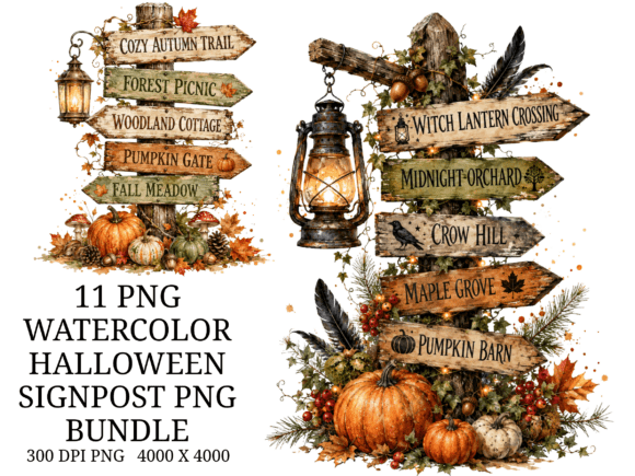 Watercolor Halloween Signpost PNG Bundle