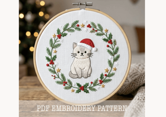 Xmas Cat Hand Embroidery PDF Pattern