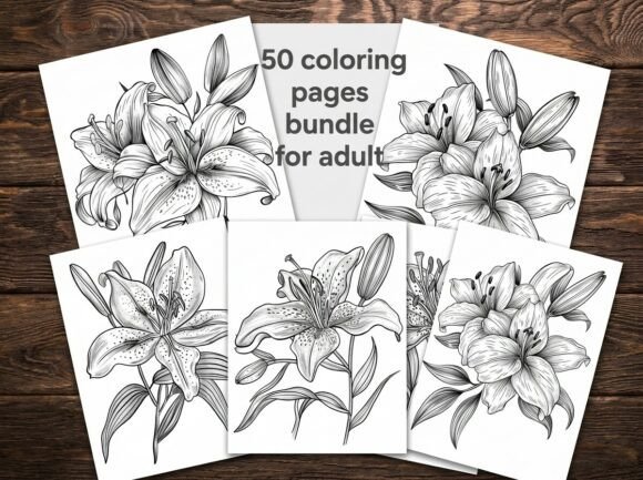 50 Lily Flower Coloring Pages Bundle