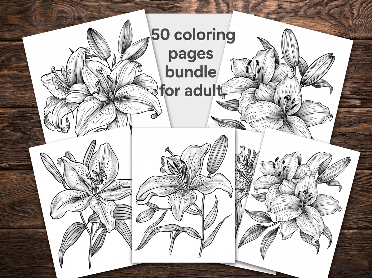50 Lily Flower Coloring Pages Bundle